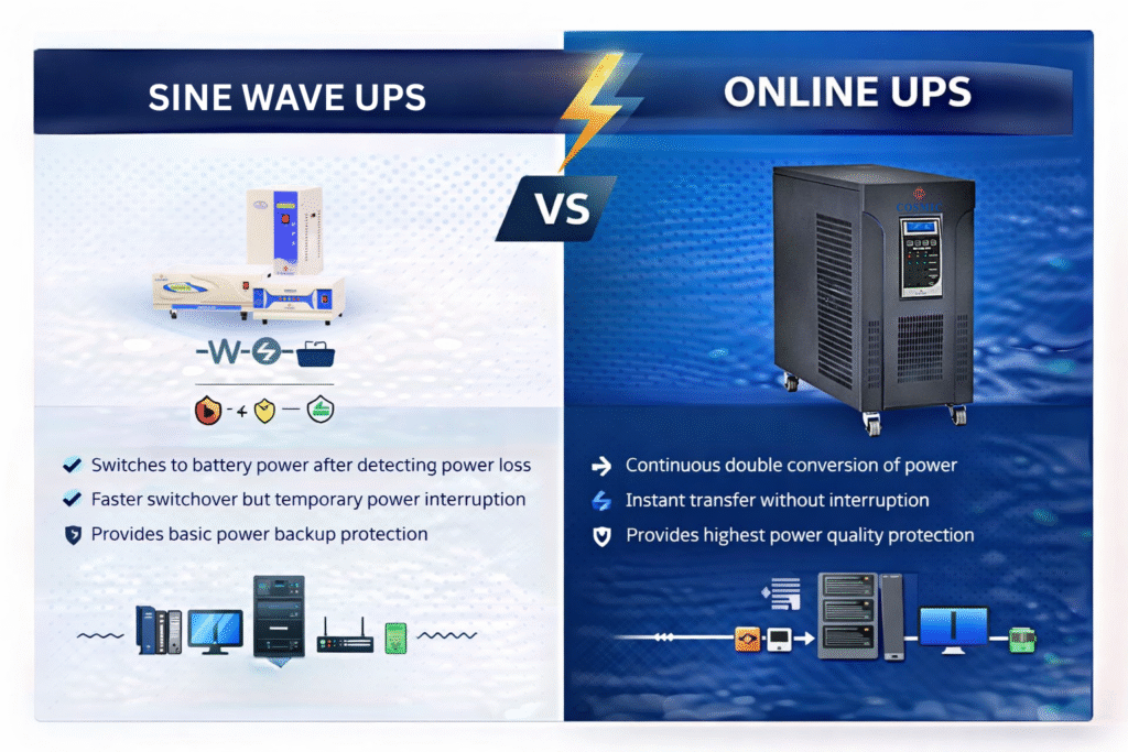 Sine Wave UPS vs Offline UPS difference comparison diagram showing waveform and power backup performance