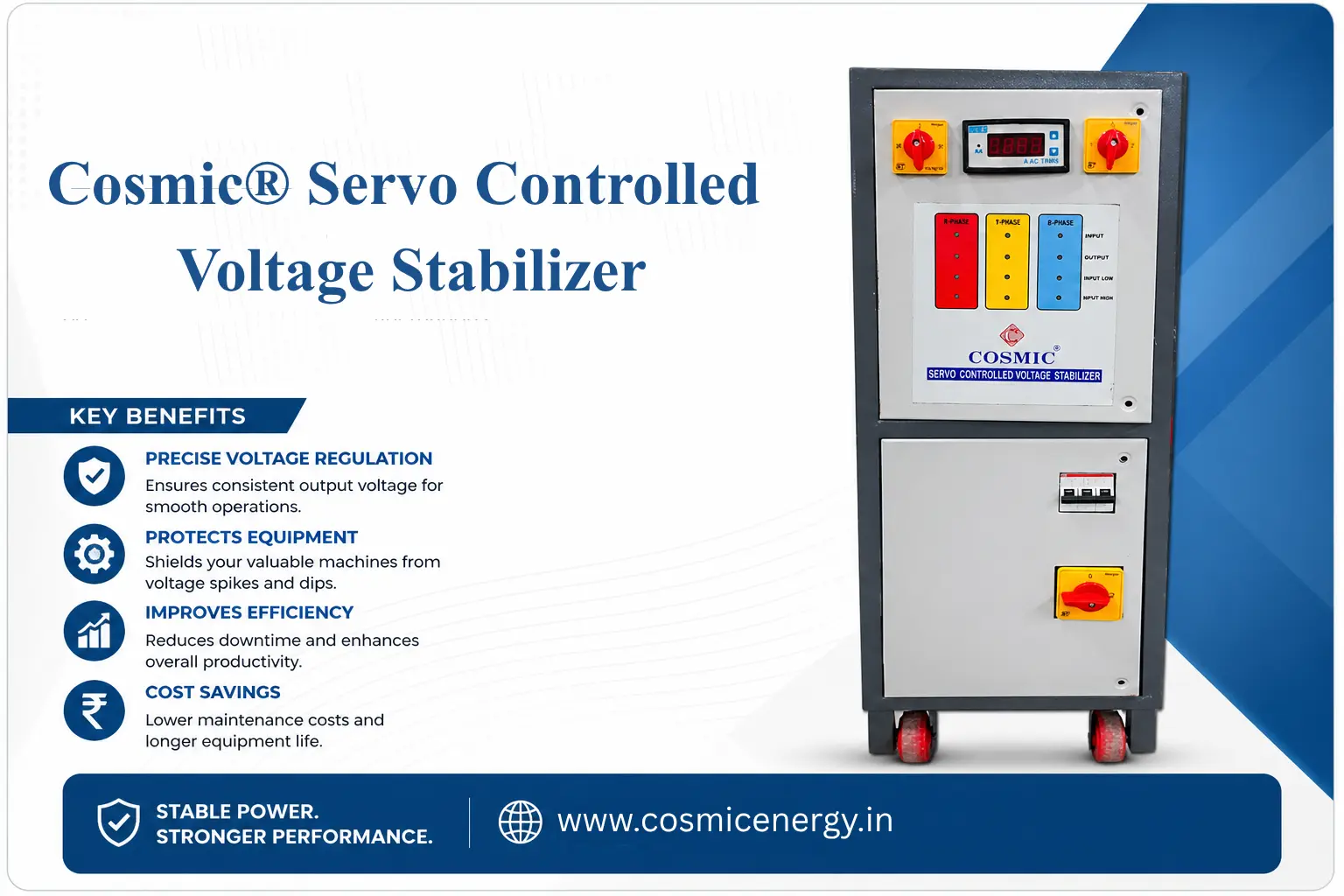 Cosmic Servo Controlled Voltage Stabilizer for industrial and commercial power protection with reliable voltage regulation and advanced safety features