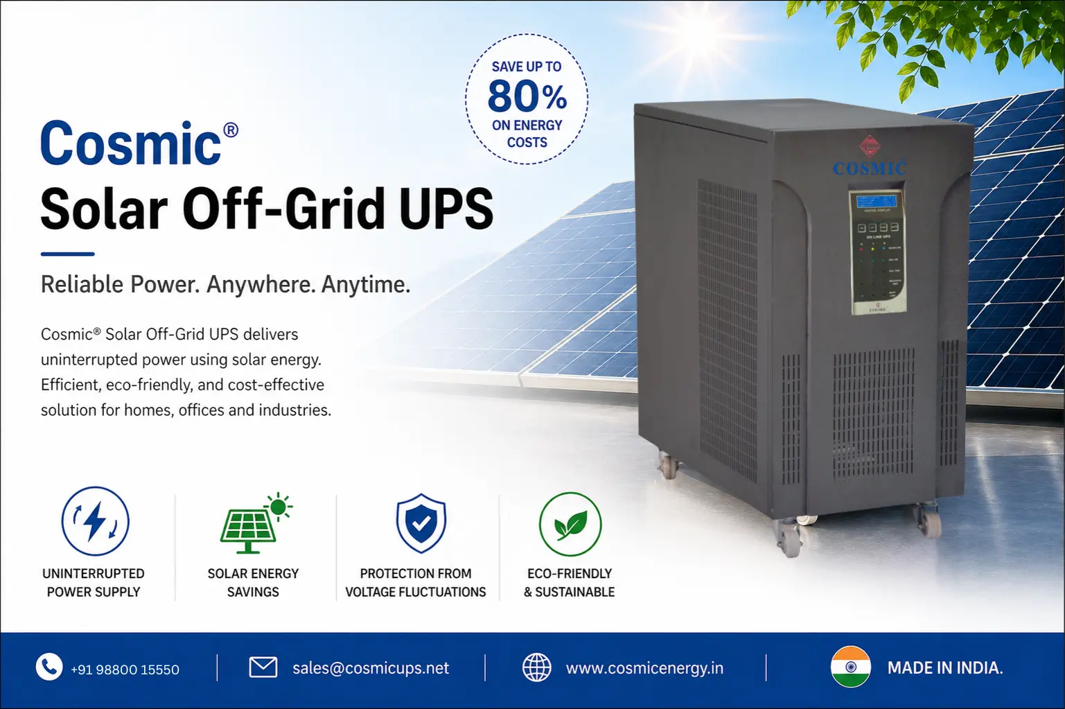 Cosmic Solar Off-Grid UPS reliable power backup system for home office and industrial solar energy solutions
