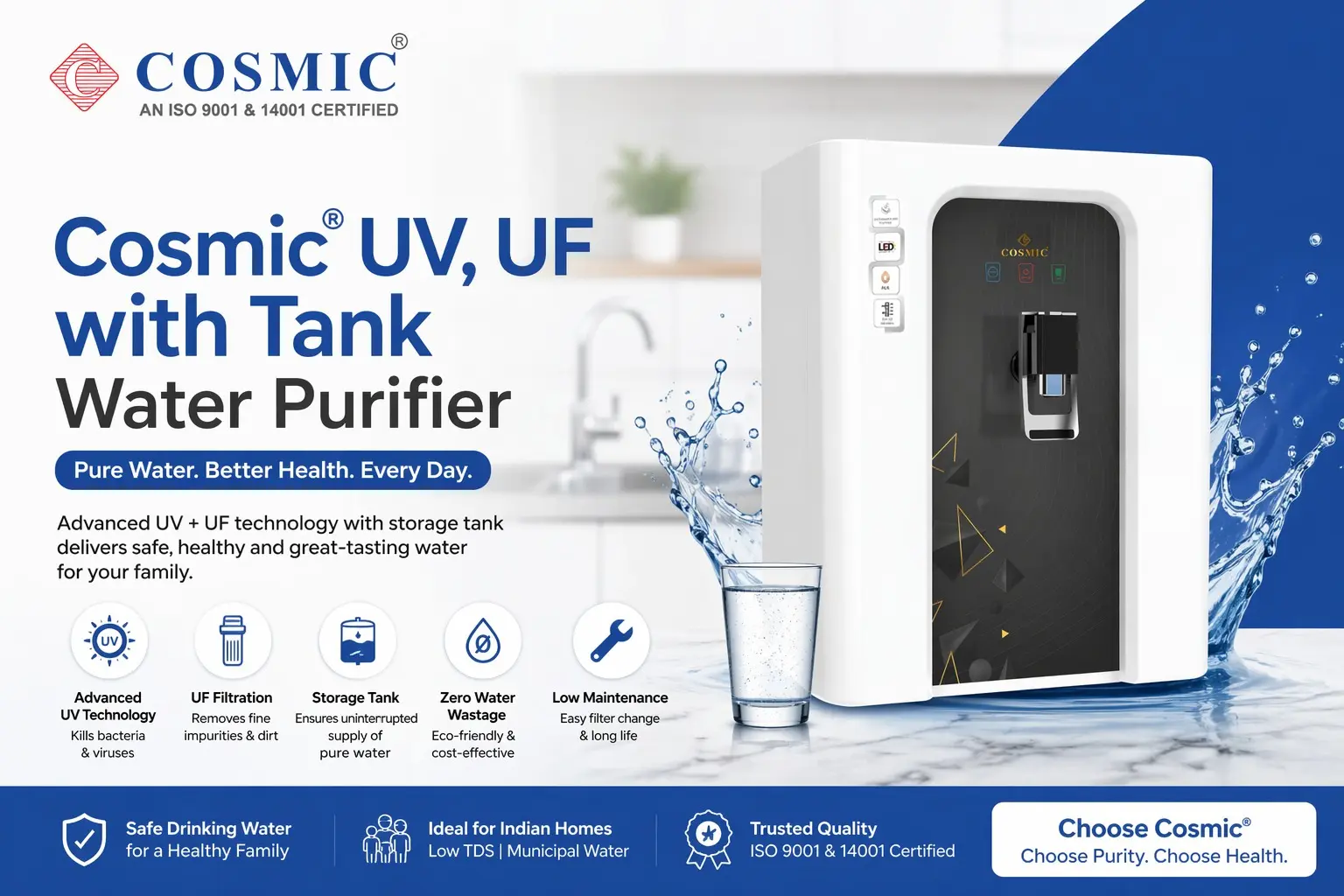 Cosmic® UV UF Water Purifier with Tank | Best for Home