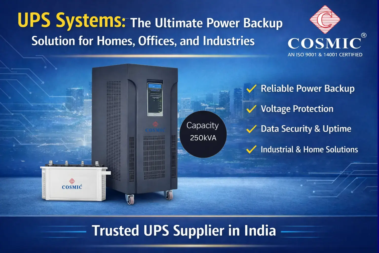 High-capacity UPS system 250kVA with battery backup for industrial, office, and home power solutions in India