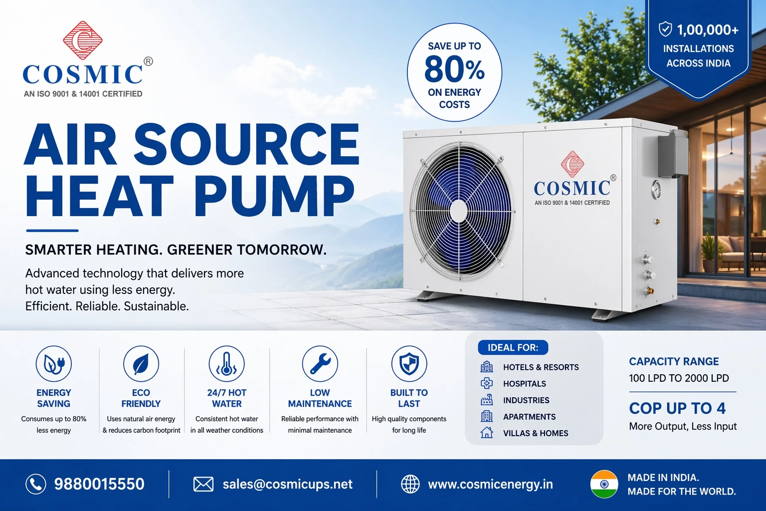 Cosmic Air Source Heat Pump – Energy Efficient Hot Water Solution for Homes, Hotels, Hospitals and Industries in India
