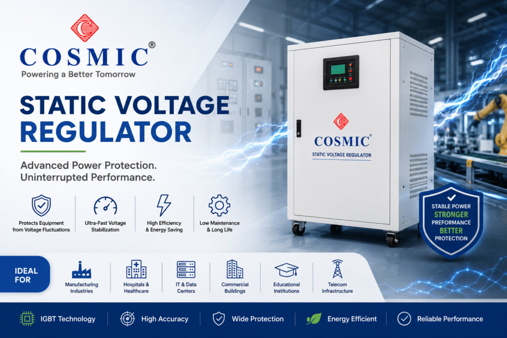 Cosmic Static Voltage Regulator for industrial power protection featuring advanced voltage stabilization technology, energy-efficient performance, and reliable power solutions for industries, hospitals, IT infrastructure, and commercial buildings.