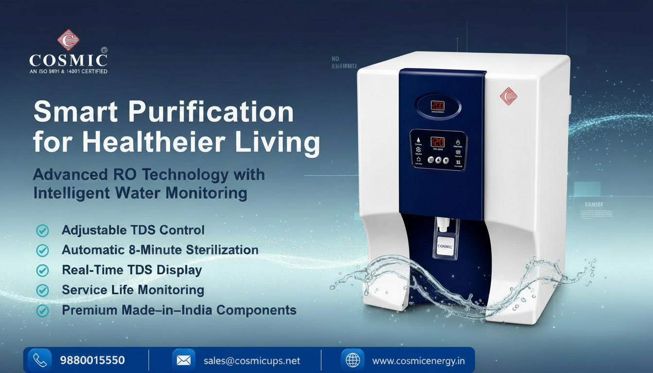 Cosmic smart RO water purifier with adjustable TDS control, digital display, automatic bacteria prevention technology, and advanced water purification system for healthy drinking water in India.