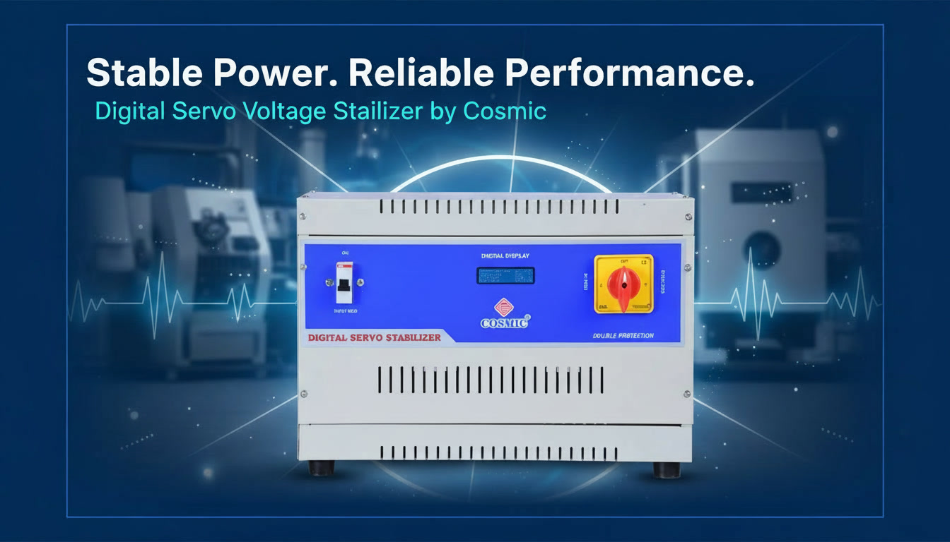 Cosmic Digital Servo Voltage Stabilizer providing reliable voltage regulation and power protection for industries, hospitals, commercial buildings, and residential applications in Bangalore and across India.