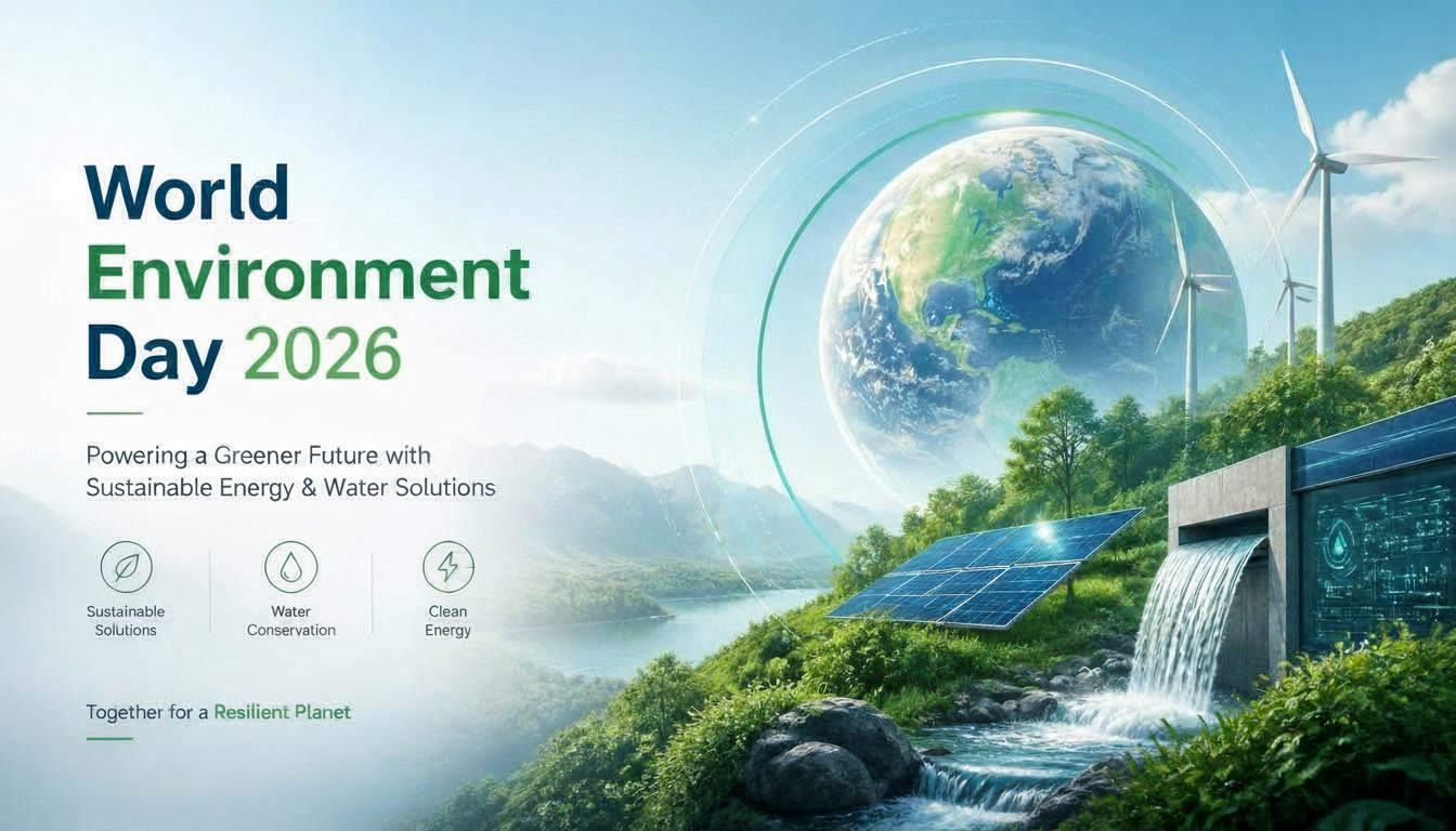 World Environment Day banner featuring sustainable energy solutions, solar power systems, water purification technology, eco-friendly products, and green living initiatives by Cosmic Energy India.